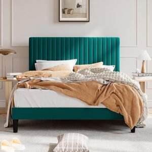 SHA CERLIN Full Upholstered Platform Bed Frame with Vertical Channel Tufted Velvet Fabric Adjustable Headboard, Wooden Slats Support, Mattress Foundation, Box Spring Optional, Teal