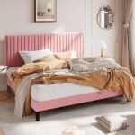 SHA CERLIN King Upholstered Platform Bed Frame with Adjustable Headboard/Vertical Channel Tufted Velvet Fabric/Wooden Slats Support/Mattress Foundation/Box Spring Optional/Pink