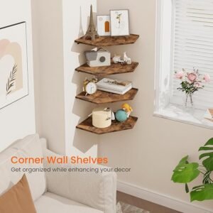 Homode Set of 4 Floating Corner Shelves with Cord Hole Rustic Brown