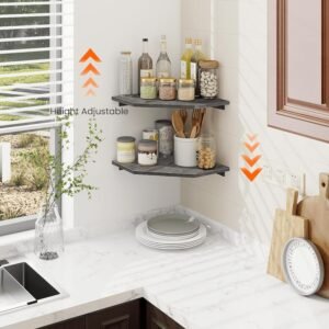 Homode Set of 2 Corner Floating Shelves with Cord Hole Rustic Grey