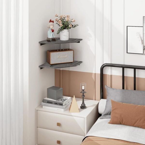 Homode Set of 2 Corner Floating Shelves with Cord Hole Rustic Grey