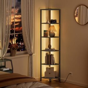 Furnulem 6 Tier Corner Shelf with LED Light, Black Oak