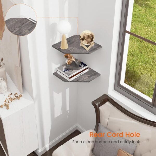 Homode Set of 2 Corner Floating Shelves with Cord Hole Rustic Grey