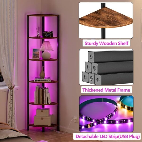 Furnulem 6 Tier Corner Shelf with LED Light, Rustic Brown