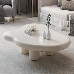 Small Coffee Table,Cream White Live Edge Coffee Table, Cute Cloud-Shape Coffee Table, Coffee Table with 4 Short Legs,Funky Contemporary Living Room Low Coffee Table for Sitting on The Floor