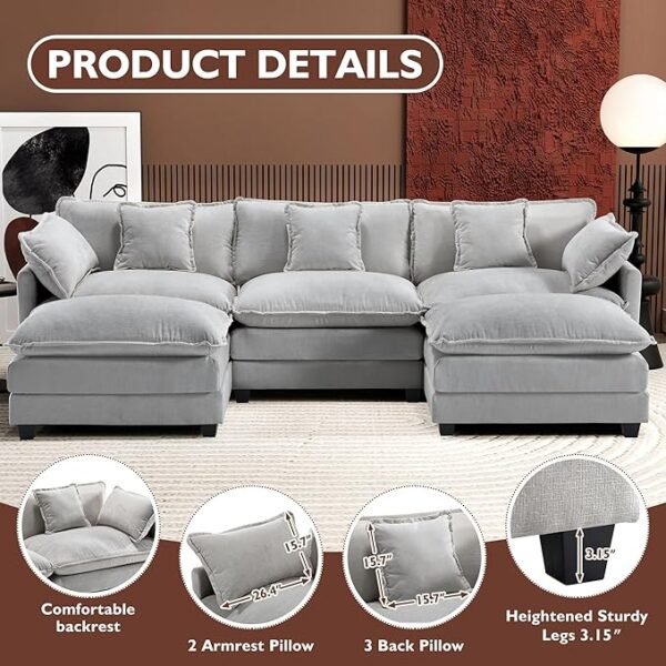 Ihanherry 111.4" U Shaped Modern Cloud Sofa Modular Sectional Couch with 2 Ottoman, 5-Seat Chenille Deep Seat Sofa with Pillow for Living Room, Bedroom and Apartment, Grey