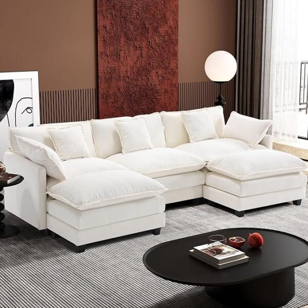 Ihanherry 111.4" U Shaped Modern Cloud Sofa Modular Sectional Couch with 2 Ottoman, 5-Seat Chenille Deep Seat Sofa with Pillow for Living Room, Bedroom and Apartment, Beige