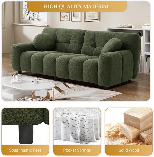 Boucle Cloud Sofa Couch, Comfy Deep Seat Sherpa Couch, 72.8" Overstuffed Cozy Teddy 2 Seat Marshmallow Couch with 2 Pillows, Oversized Loveseat Sofa for Living Room, Emerald Green