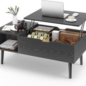 Sweetcrispy Coffee Table Black, Lift Top Coffee Tables for Living Room, Small Rising Wooden Dining Center Tables with Storage Shelf and Hidden Compartment