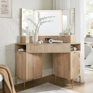 T4TREAM 48'' Fluted Makeup Vanity Desk with HD Triple Mirror and Lights, Large Lighted Corner Vanity with Glass Top, Modern Dressing Table with 3 Drawers & 2 Cabinets for Bedroom, Natural Oak