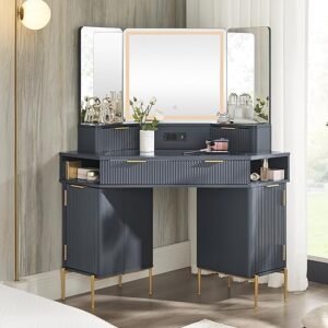 T4TREAM Corner Vanity Desk with Mirror and Lights, 48" Modern Fluted Makeup Vanity with Glass Top, 3-Panel Lighted Mirror & Charging Outlet, Dressing Table with 3 Drawers & 2 Cabinets, Dark Grey