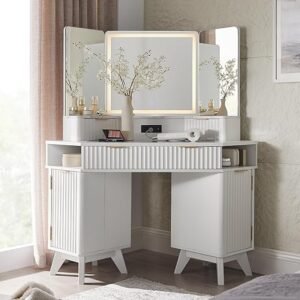 T4TREAM Fluted Makeup Vanity Desk with 3 Way Mirror and Lights, 48" Large Corner Vanity Table with Glass Top, Charging Station, 3 Drawers, Storage Cabinets & Shelves, for Bedroom, Solid White