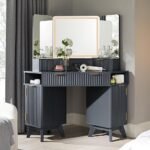 T4TREAM Fluted Makeup Vanity Desk with 3 Way Mirror and Lights, 48" Large Corner Vanity Table with Glass Top, Charging Station, 3 Drawers, Storage Cabinets & Shelves, for Bedroom, Dark Grey