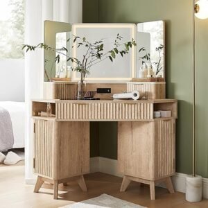 T4TREAM Fluted Makeup Vanity Desk with 3 Way Mirror and Lights, 48" Large Corner Vanity Table with Glass Top, Charging Station, 3 Drawers, Storage Cabinets & Shelves, for Bedroom, Natural Oak