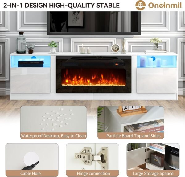 oneinmil Fireplace TV Stand with 36" Electric Fireplace, LED Light Entertainment Center with Modern Wood Texture, Highlight Storage Cabinet for TVs Up to 90", 79 inches, White