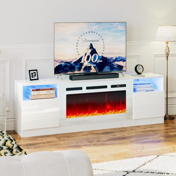 oneinmil 70” TV Stand with 36” Electric Fireplace, Large Modern Media Entertainment Center with Storage Cabinet and 12 Colors LED Lights for TVs Up to 80", White