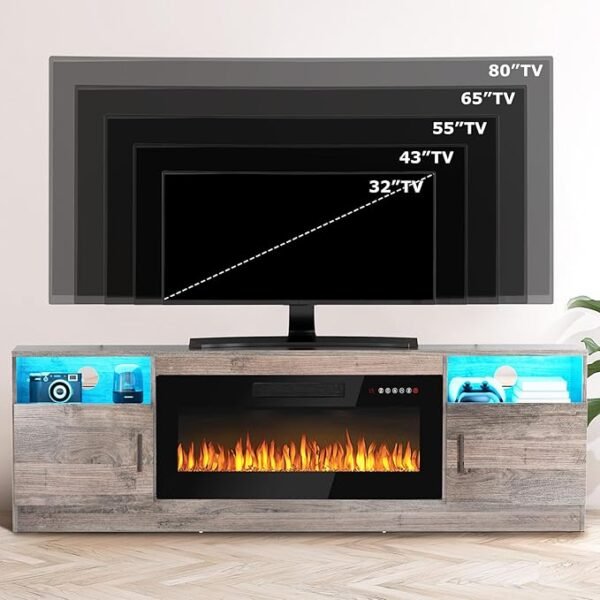 PUKAMI Fireplace TV Stand for TVs Up to 80" TV with 36" Electric Fireplace,Entertainment Center with Fireplace,TV Stand with Fireplace LED Light,Entertainment Stand,70inch