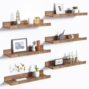 upsimples Floating Shelves for Wall, Wood Mounted Shelf Decor Storage Set of 6, for Bedroom, Living Room, Bathroom, Kitchen, Picture Ledge, Brown