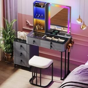 Vanity-with-Mirror-and-Lights Makeup Desk - Grey Dressing Table Set with Chair Glass Desktop Charging Station 6 Drawers 3 Open Storage Shelves