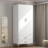 Wardrobe Armoire with 2 Doors, 2 Drawers and Hanging Rods, Twill Wood Closet Storage with Metal Cabinet Legs, White 20.4" D x 31.5" W x 76.77" H (Left Modern)