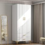 Wardrobe Armoire with 2 Doors, 2 Drawers and Hanging Rods, Twill Wood Closet Storage with Metal Cabinet Legs, White 20.4" D x 31.5" W x 76.77" H (Left Modern)