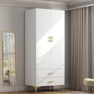 Wardrobe Armoire with 2 Doors, 2 Drawers and Hanging Rods, Twill Wood Closet Storage with Metal Cabinet Legs, White 20.4" D x 31.5" W x 76.77" H (Left Modern)