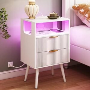 White Nightstand with Charging Station and LED Lights,Modern Bedside Table with 2 Storage Drawer and Open Wood Shelf, for Bedroom and Small Spaces,Night Stand with Solid Wood Legs,White