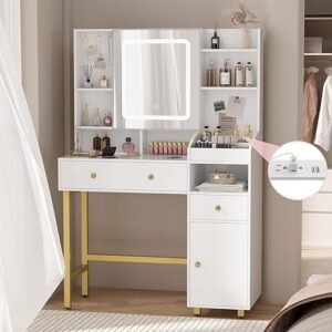 Xilingol Vanity Desk with Mirror and Lights, Makeup Vanity Desk with Lights in 3 Colors, White and Gold Vanity with Charging Station, Makeup Table with 3 Storage Compartments, White