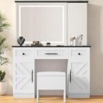 YITAHOME Farmhouse Vanity Desk with Mirror and Lights, Makeup Vanity with Large Lighted Mirror, Hidden Storage, 3 Drawers, Cabinets, Vanity Set with Storage Stool for Bedroom