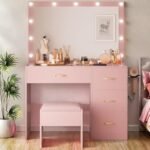 YITAHOME Makeup Vanity Desk with Large Lighted Mirror & Power Outlet, Makeup Vanity Set with 4 Drawers, Dressing Table with 3 Color Modes Available, Cushioned Bench, Bedroom, Pale Pink