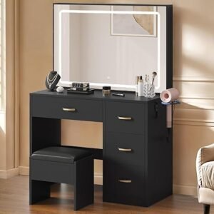 YITAHOME Makeup Vanity Set with Adjustable LED Mirror, Power Outlets, 4 Drawers, and Cushioned Stool for Bedroom