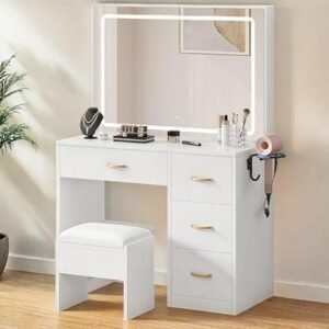 YITAHOME Vanity Desk with Large 35" Mirror and LED Lights, Makeup Vanity Set with 4 Drawers and Power Strip, Vanity Chair, Dressing Table with Ample Storage, Bedroom Furniture for Women, Pearl White