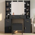 YITAHOME Vanity Desk with Mirror and Lights, Makeup Vanity Set with Charging Station, 3 Drawers, 6 Storage Shelves, 2 Cabinets, Large Dressing Table with Storage Bench, 3 LED Lights Modes, Ink Black