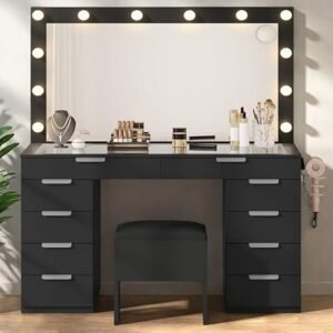 YITAHOME Vanity Desk with Mirror and Lights, Makeup Vanity Set with Glass Top & 10-Drawer, Charging Station, Dressing Table with Storage Chair & 3-Color Brightness Adjustable Lighting, Ink Black