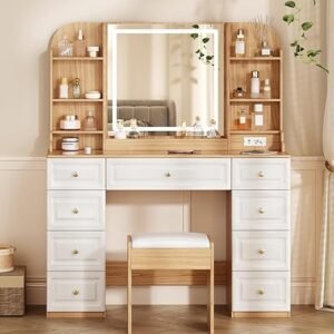 YYJ Makeup Vanity Desk with Mirror and Lights, & Power Outl,Glass Top Big Vanity Table with 9 Drawers& 8 Storage Shelves,Dressing Table Set with Chair for Bedroom,Oak+White